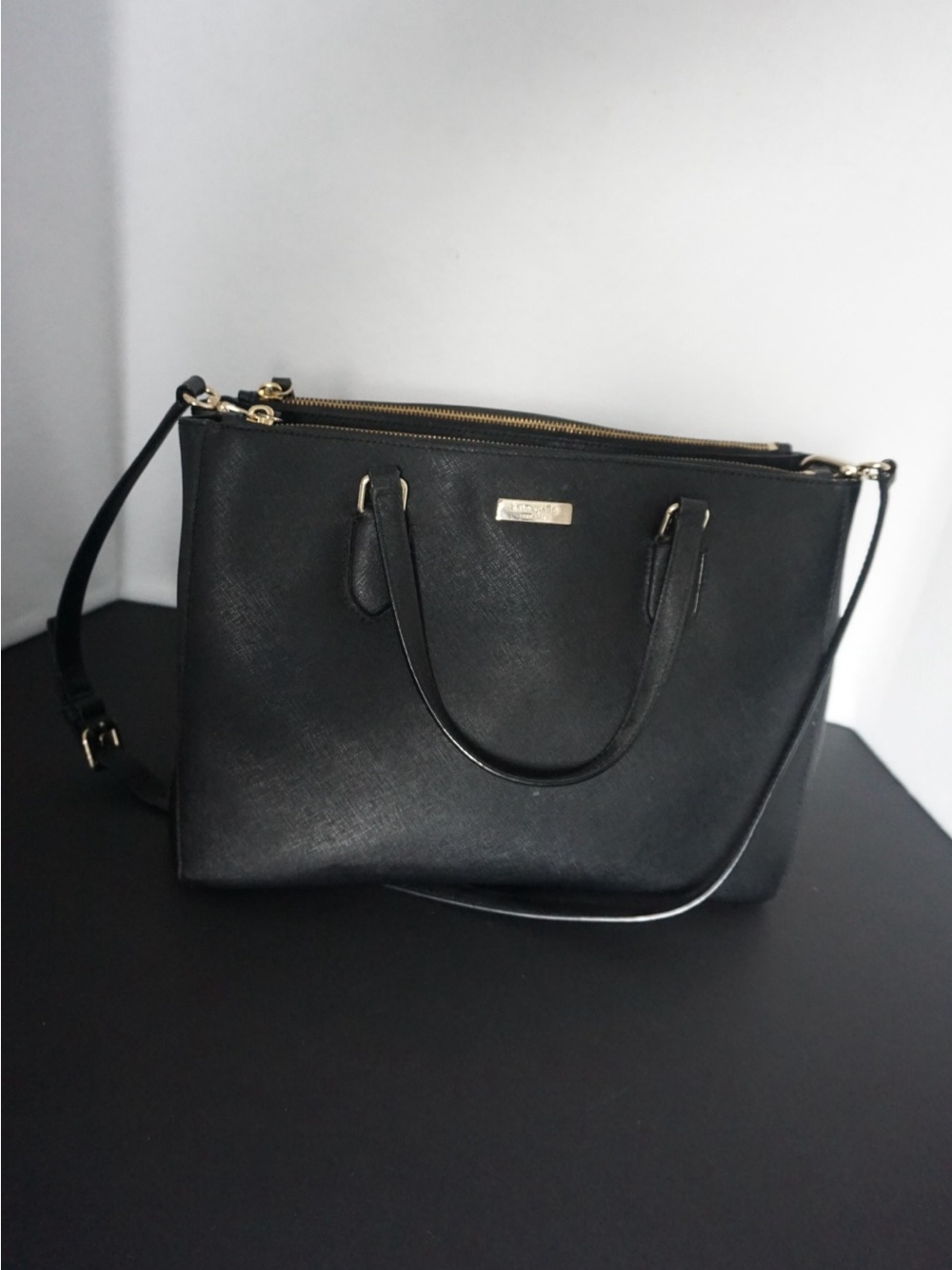 kate spade new york Black Satchel Top Handle Bag, Detachable Strap, Zip, Gold
